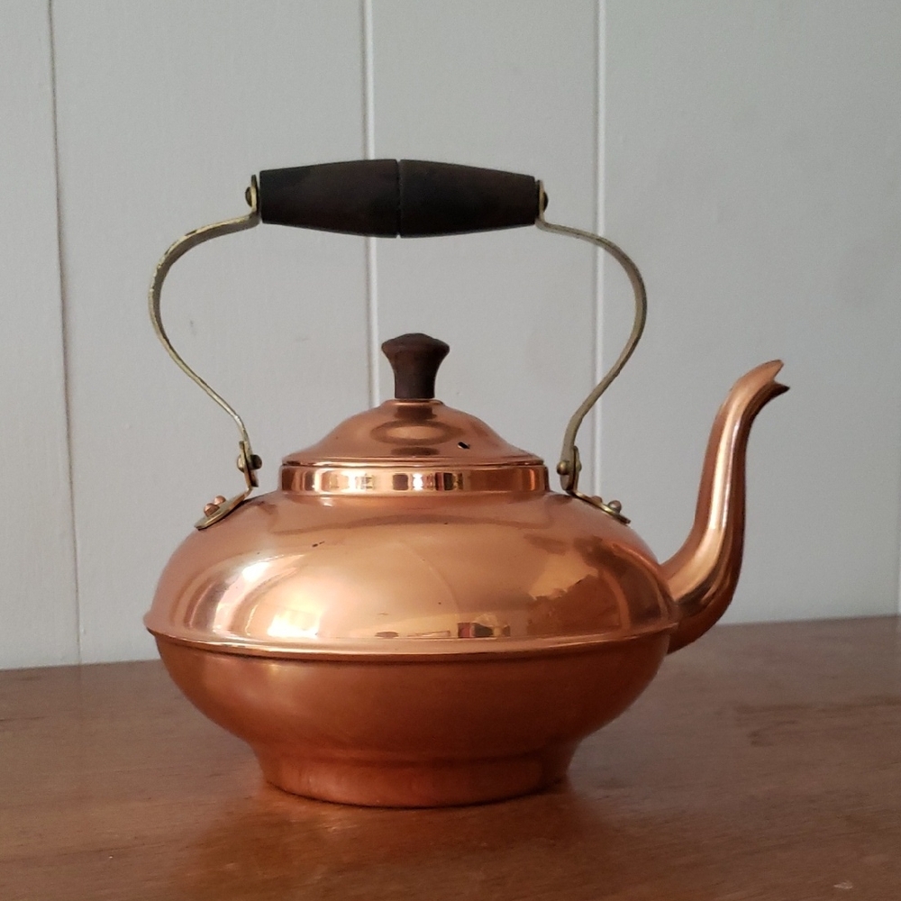 Vintage Copper Tea Kettle Lined with Tin Brass and Wood Handle Made in Portugal